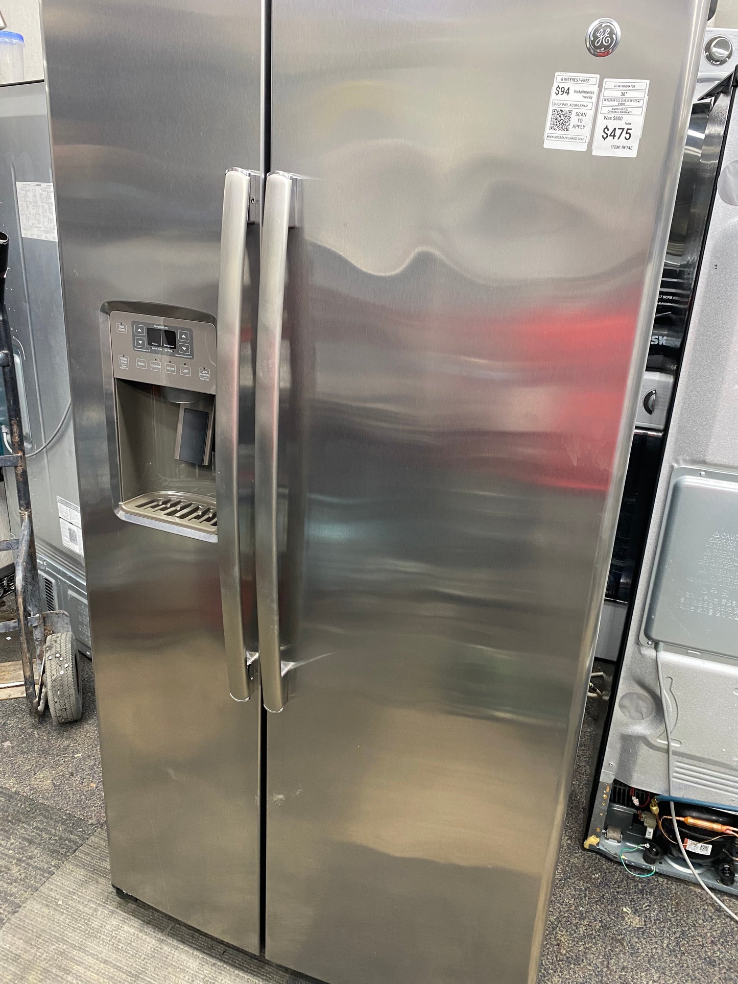 Item: #RF74E GE side x side refrigerator stainless steel w/water ice dispenser 36 in