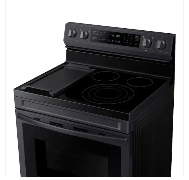 - ★ Samsung Open Box 6.3 cu. ft. Smart Wi-Fi Enabled Convection Electric Range with No Preheat AirFry in Black Stainless Steel - ER467