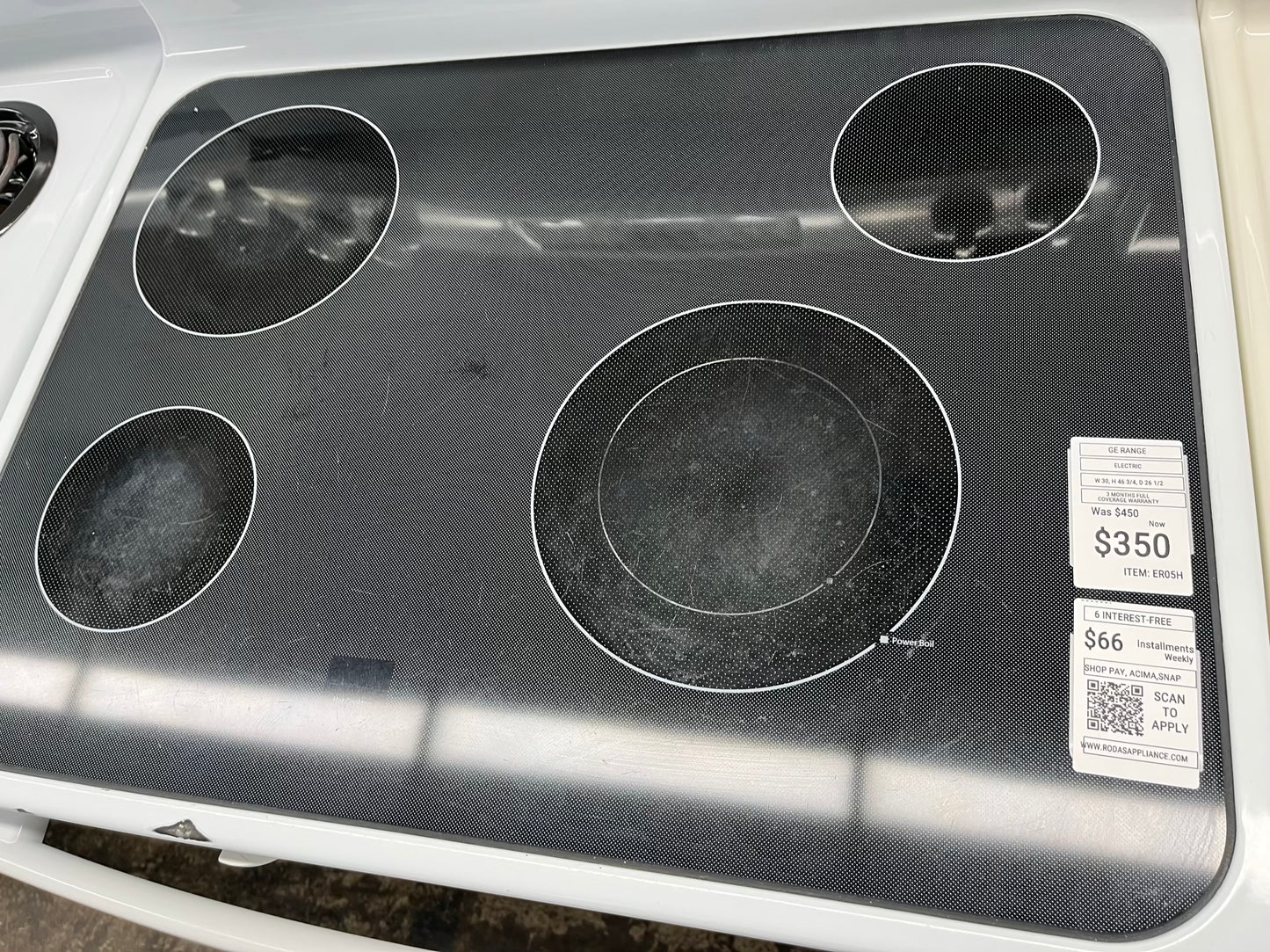 ^ ITEM #ER05H GE electric white range 4 burner 30 inch