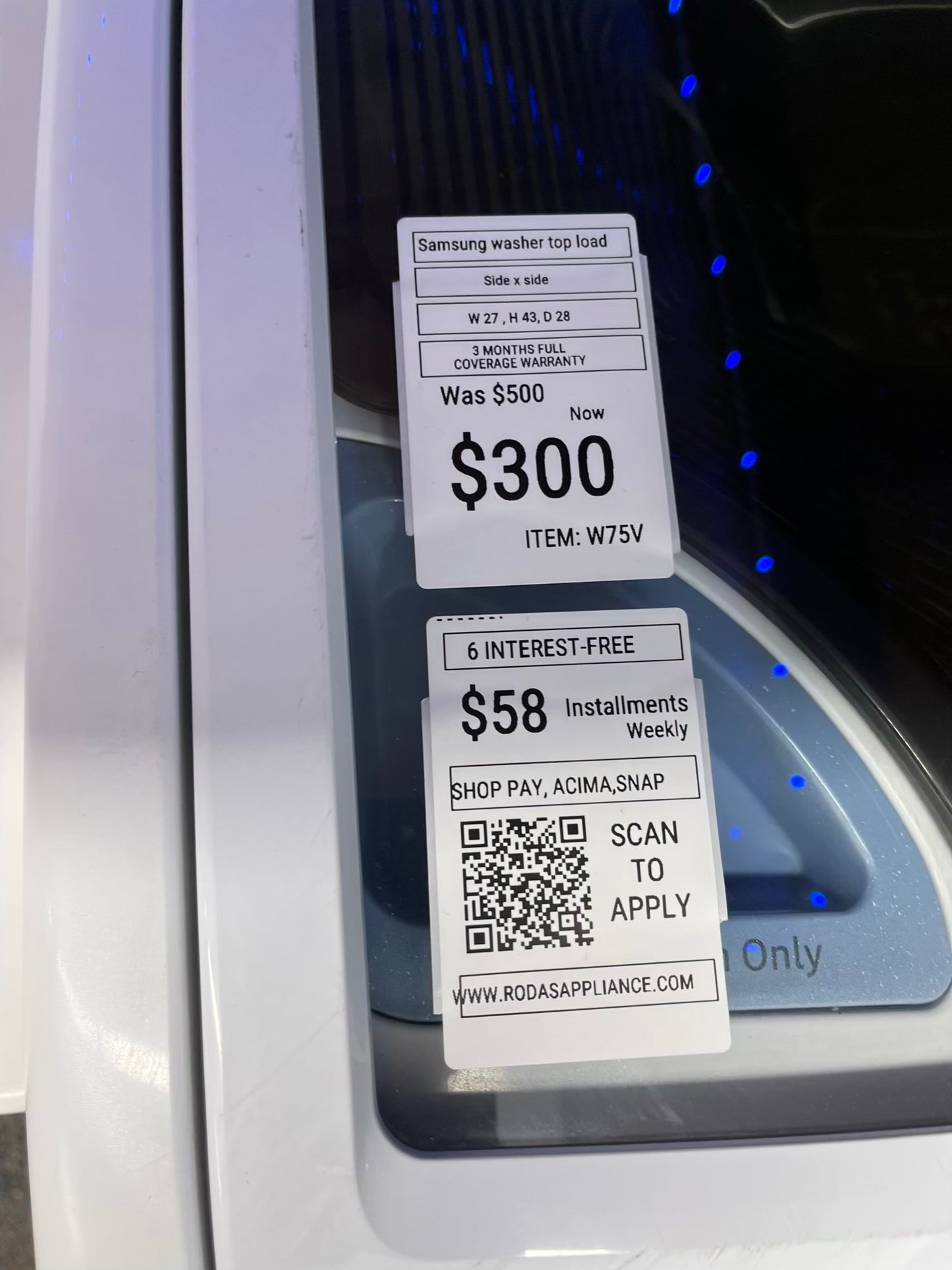 ^ ITEM #W75V Samsung top load washer large capacity side x side 27”