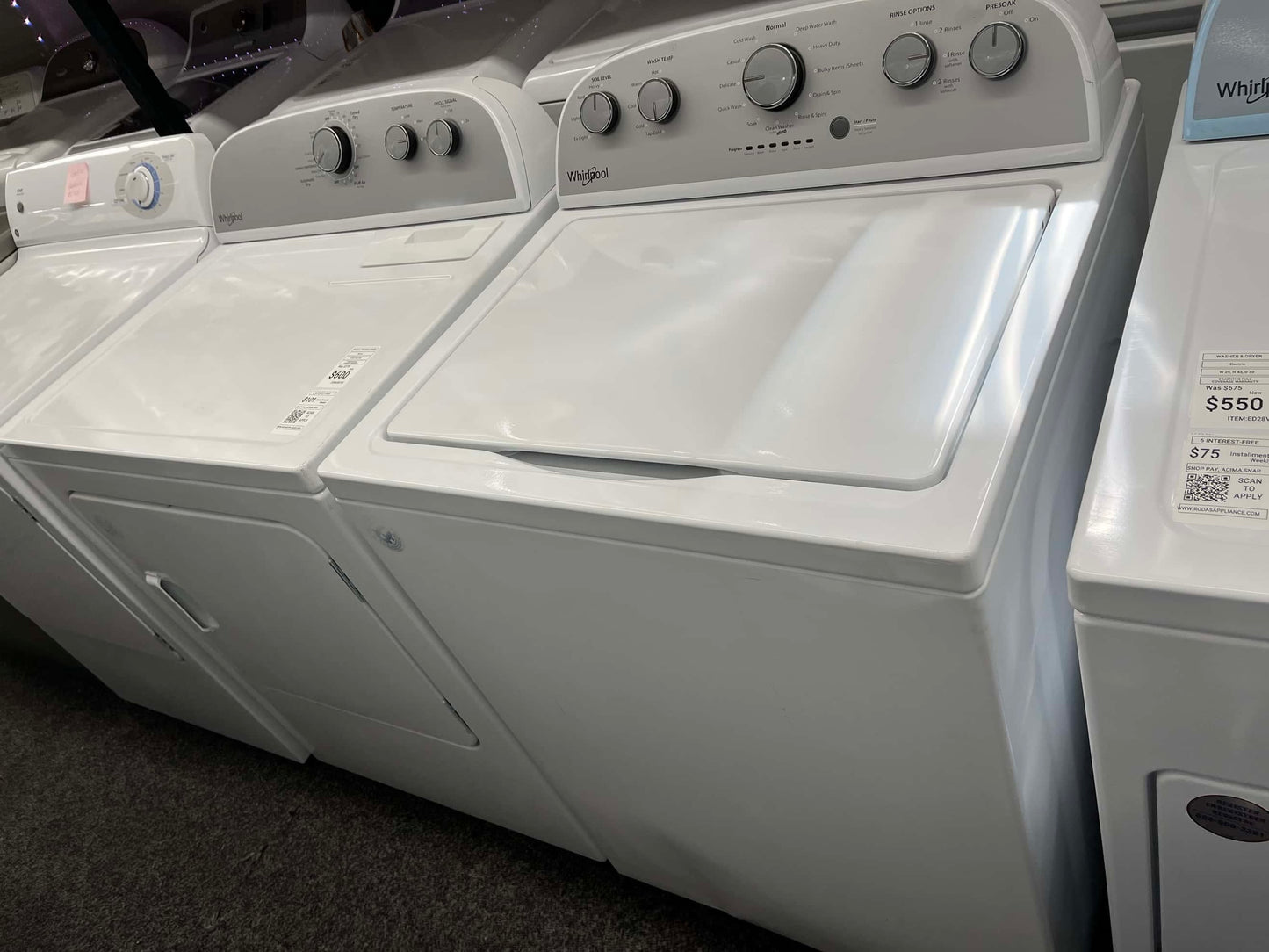 Item #ED73C whirlpool electric dryer stainless steel drum top load washer side by side 29”