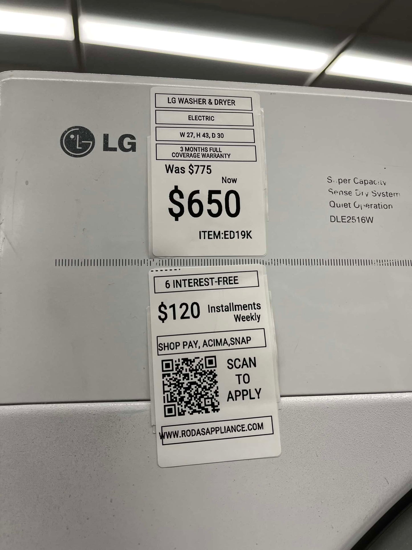 - Item: #ED19K LG high efficiency and electric dryer stainless steel drum front load ,stackable or side by side 27”