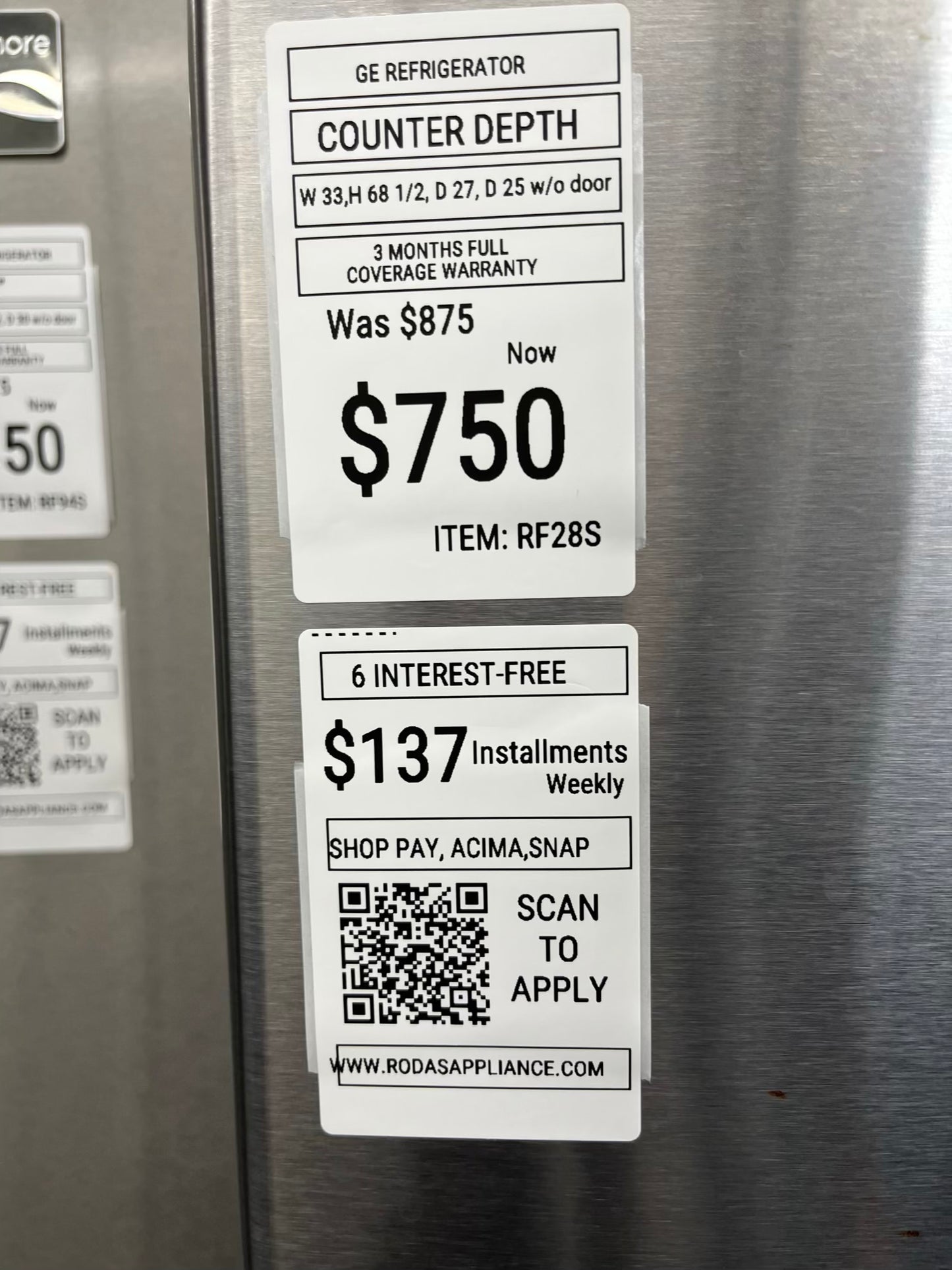 ^ Item: #RF28S GE french door countrr depth refrigerator slate stainless steel w/ ice and water dispenser inside 33” in