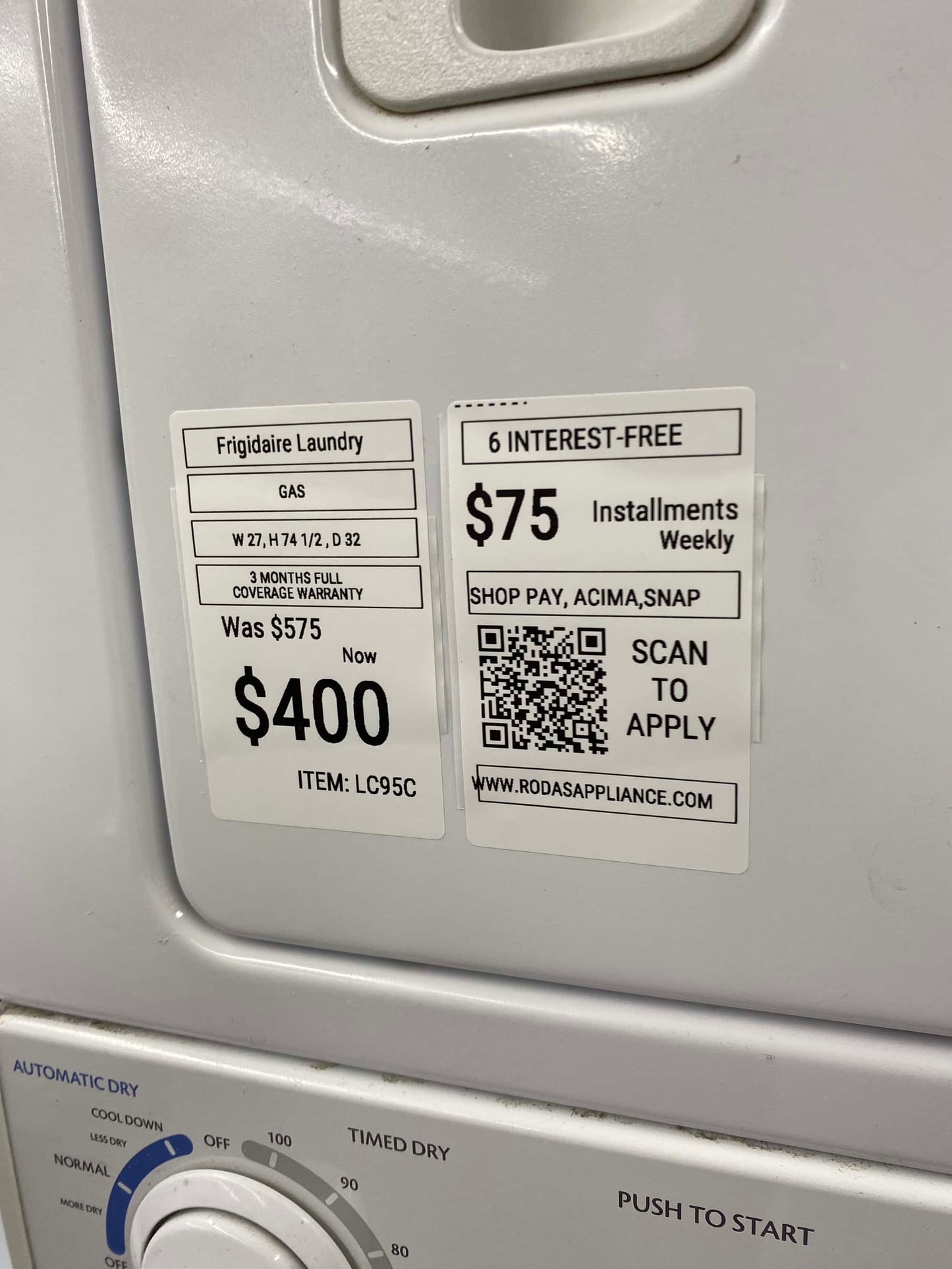 Item: #LC95C Frigidaire laundry center washer and dryer set GAS stackable 27”