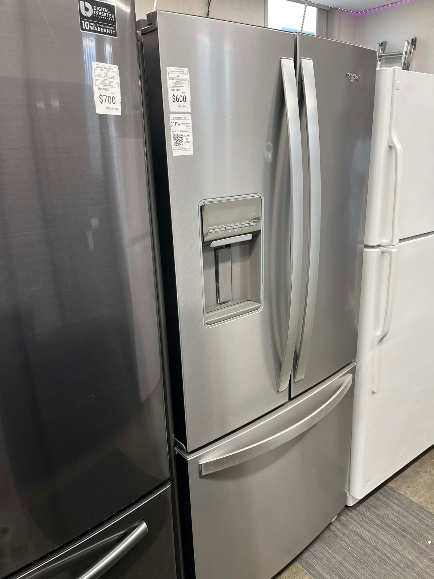 - ITEM: #RF42J Whirlpool French door refrigerator stainless steel 30” with water dispenser and ice maker inside
