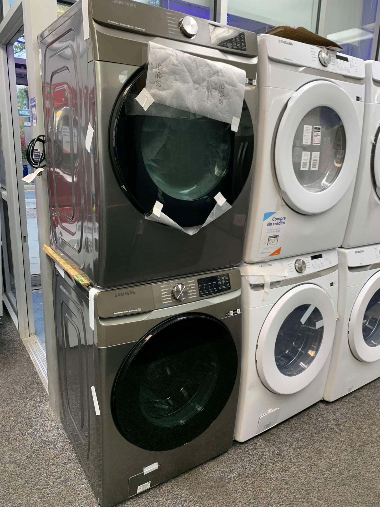 ★ Samsung Open Box 4.5 cu. ft. Smart High-Efficiency Front Load Washer with Super Speed & 7.5 cu. ft. Smart Stackable Vented GAS Dryer with Steam Sanitize+ in champagne 27 in WD739