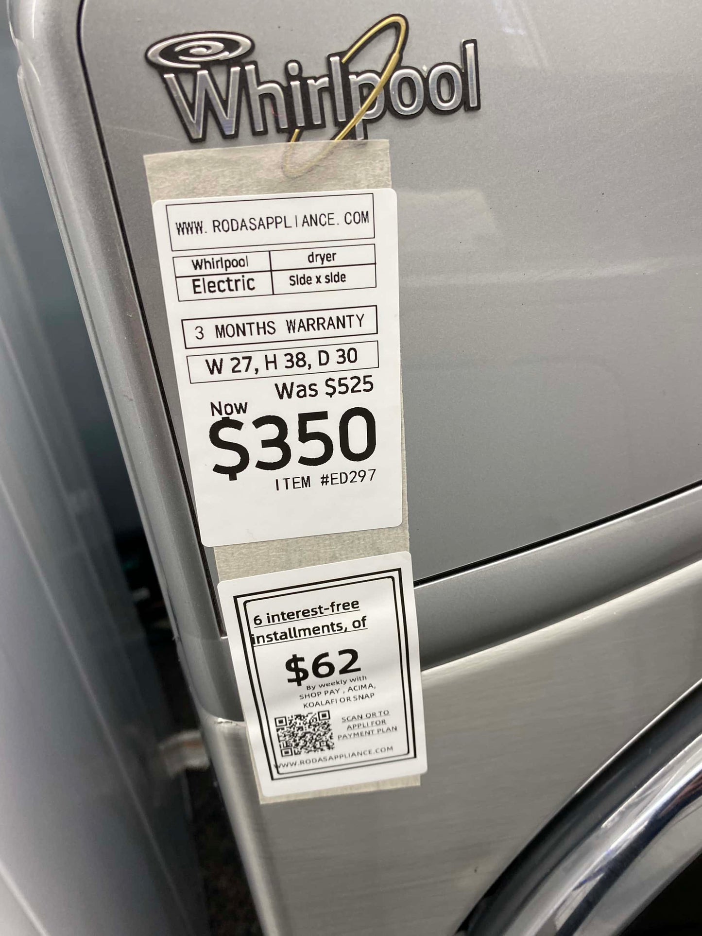 ^ ITEM #ED297 whirlpool  front load electric dryer 220v  stackable large capacity stainless steel drum 27 in D