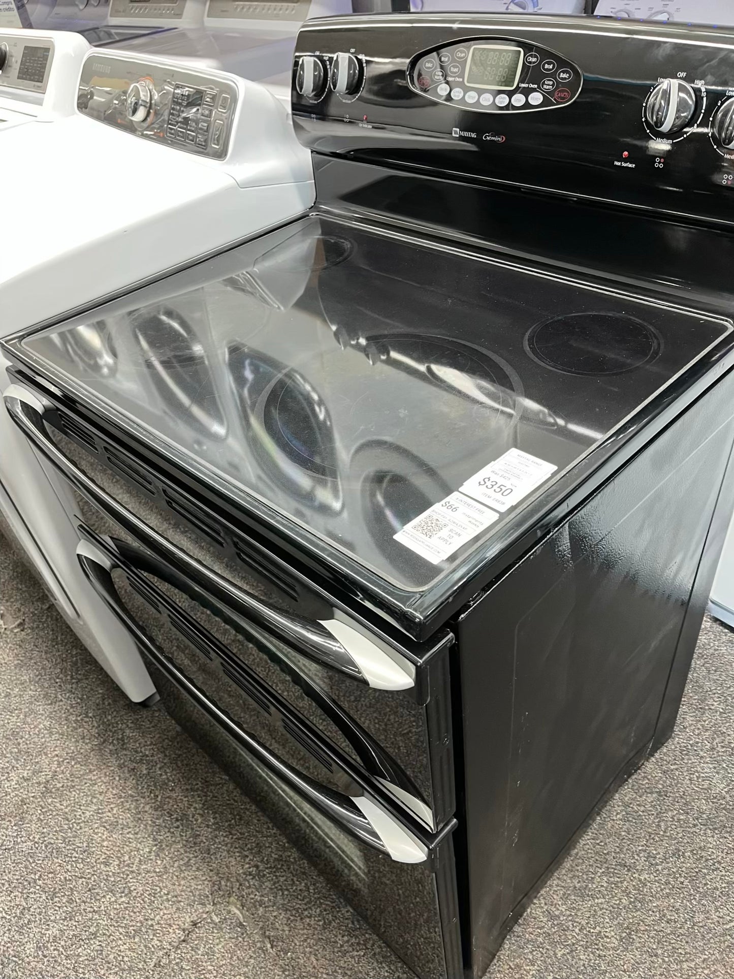^ ITEM #ER83B Maytag double oven electric black range 4 burner 30 inch