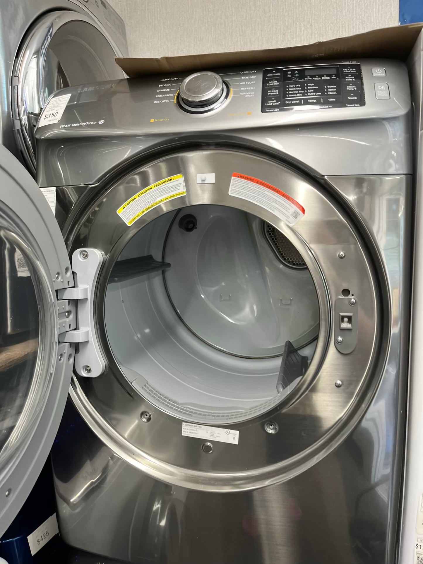 ^ ITEM #ED93J Samsung front load electric washer and dryer 220v stackable large capacity stainless steel drum 27 in D