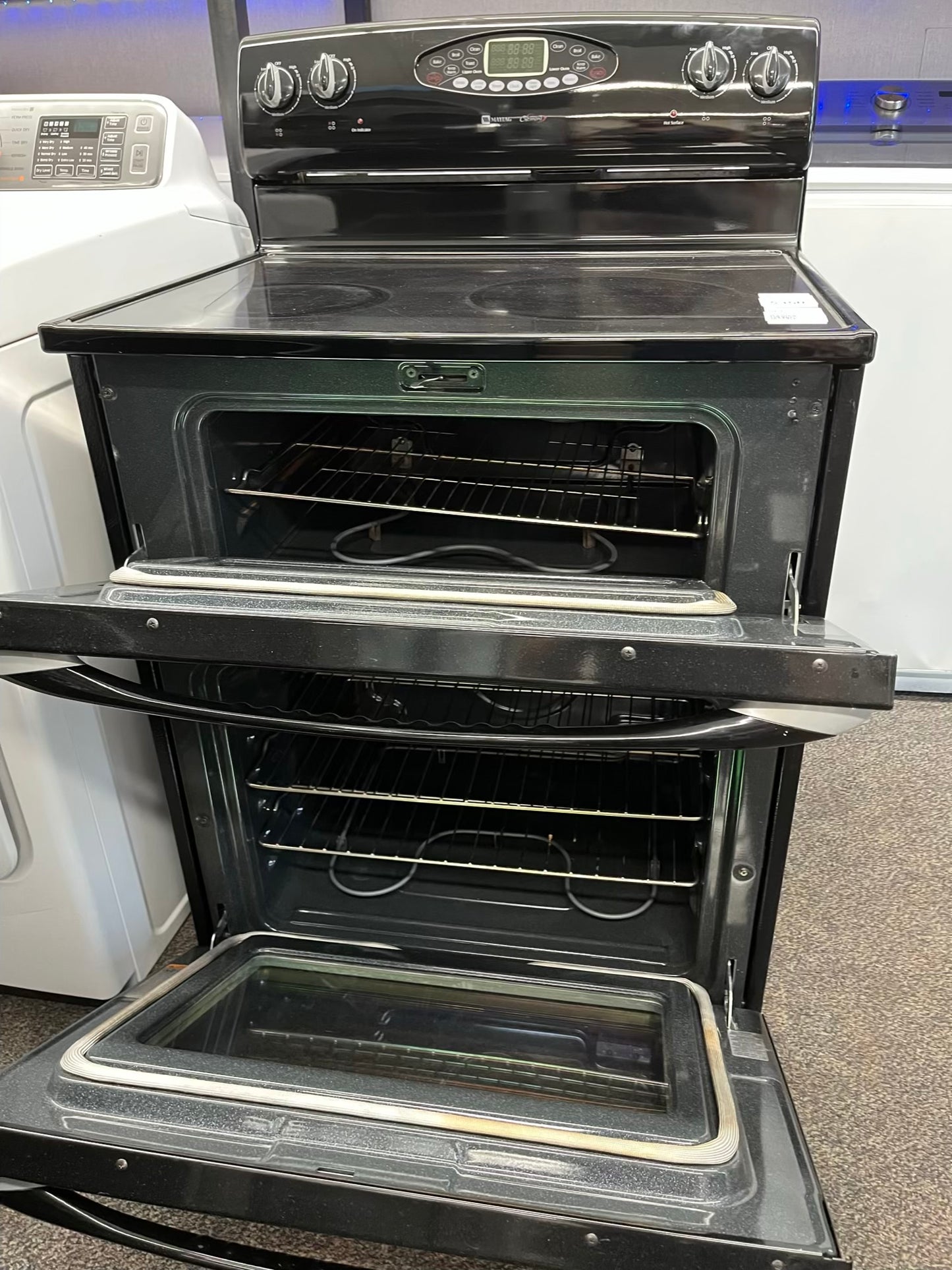 ^ ITEM #ER83B Maytag double oven electric black range 4 burner 30 inch