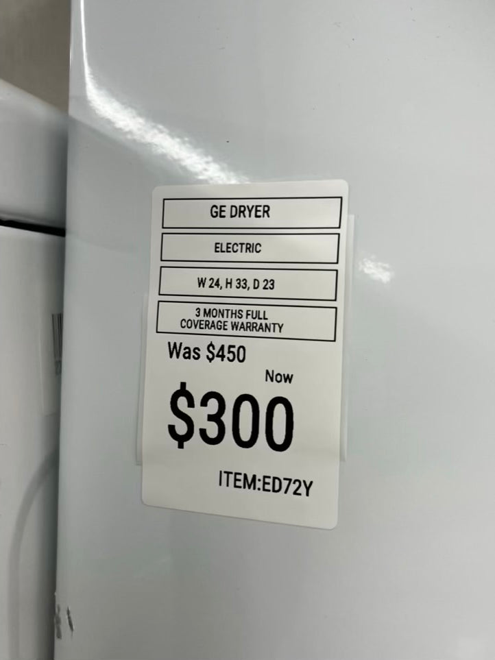 ^ ITEM #ED72Y GE front load electric dryer 220v large capacity stackable 27”