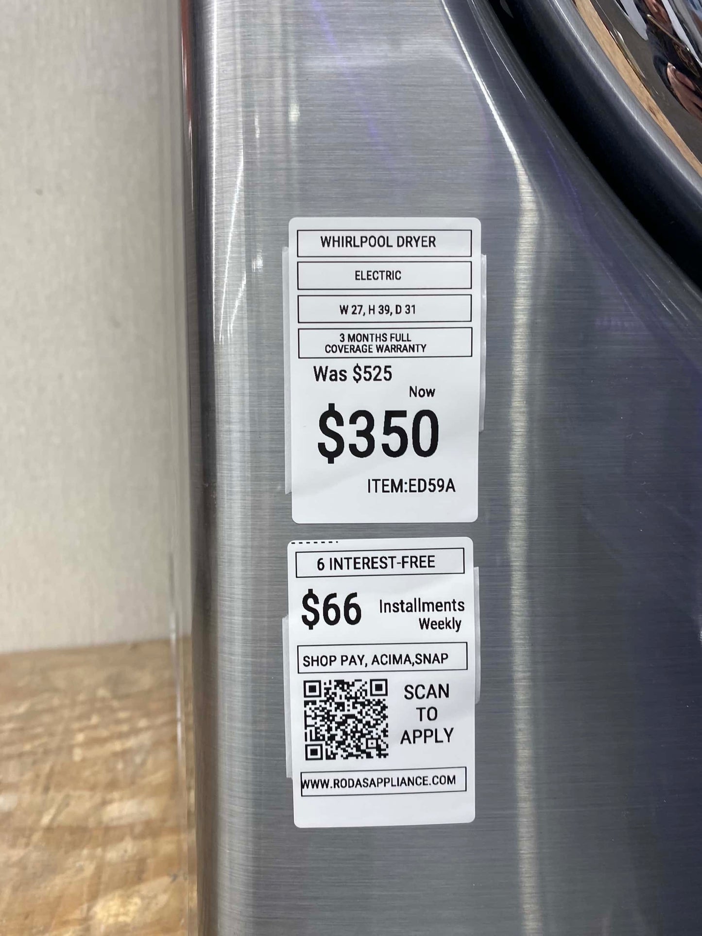 ^ ITEM #ED59A Whirlpool front load electric dryer 220v stackable large capacity stainless steel drum 27 in