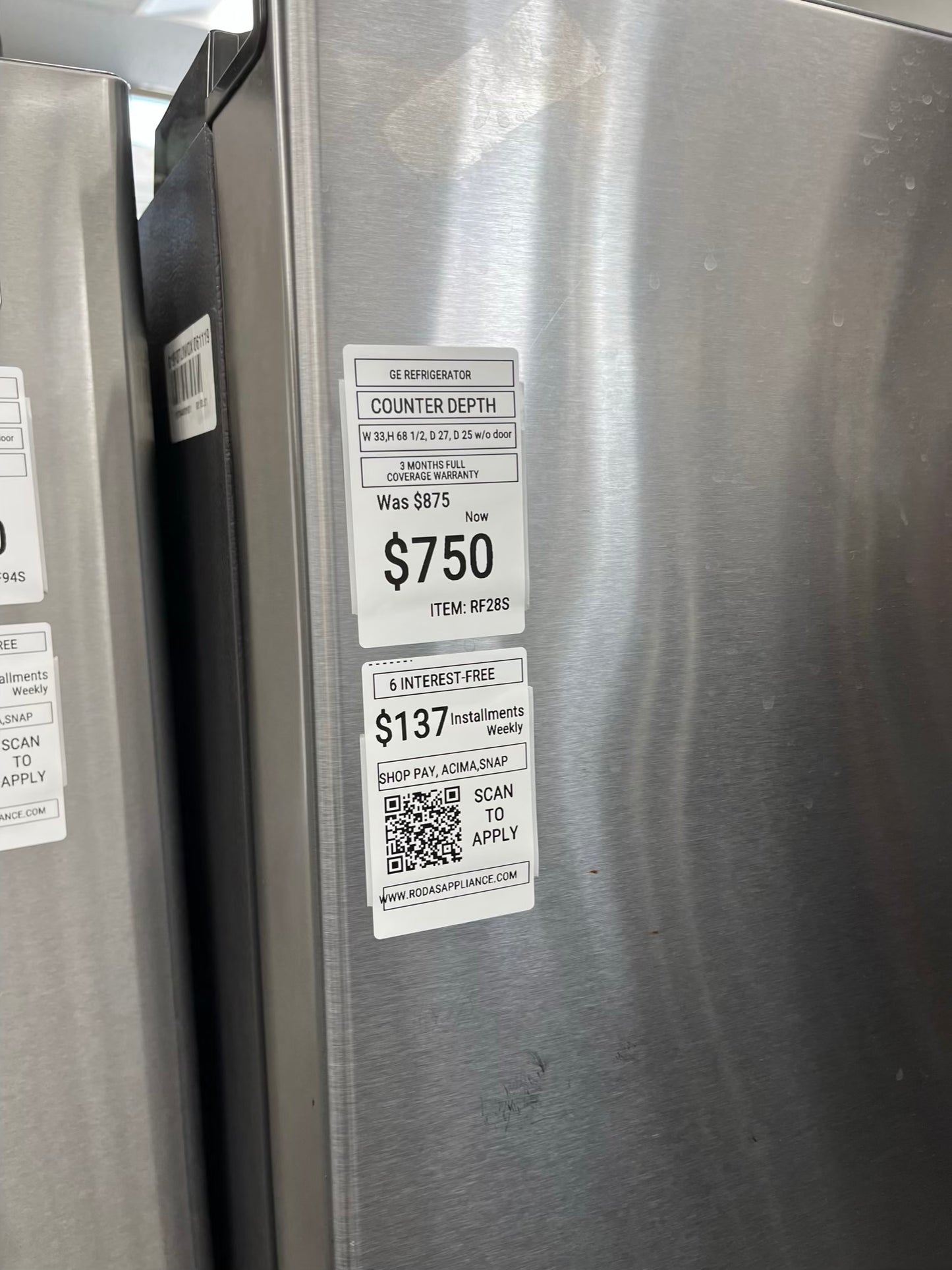 ^ Item: #RF28S GE french door countrr depth refrigerator slate stainless steel w/ ice and water dispenser inside 33” in