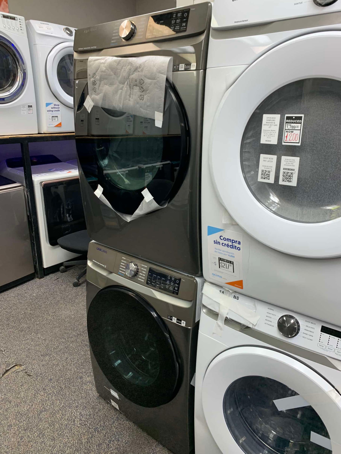 ★ Samsung Open Box 4.5 cu. ft. Smart High-Efficiency Front Load Washer with Super Speed & 7.5 cu. ft. Smart Stackable Vented GAS Dryer with Steam Sanitize+ in champagne 27 in WD739