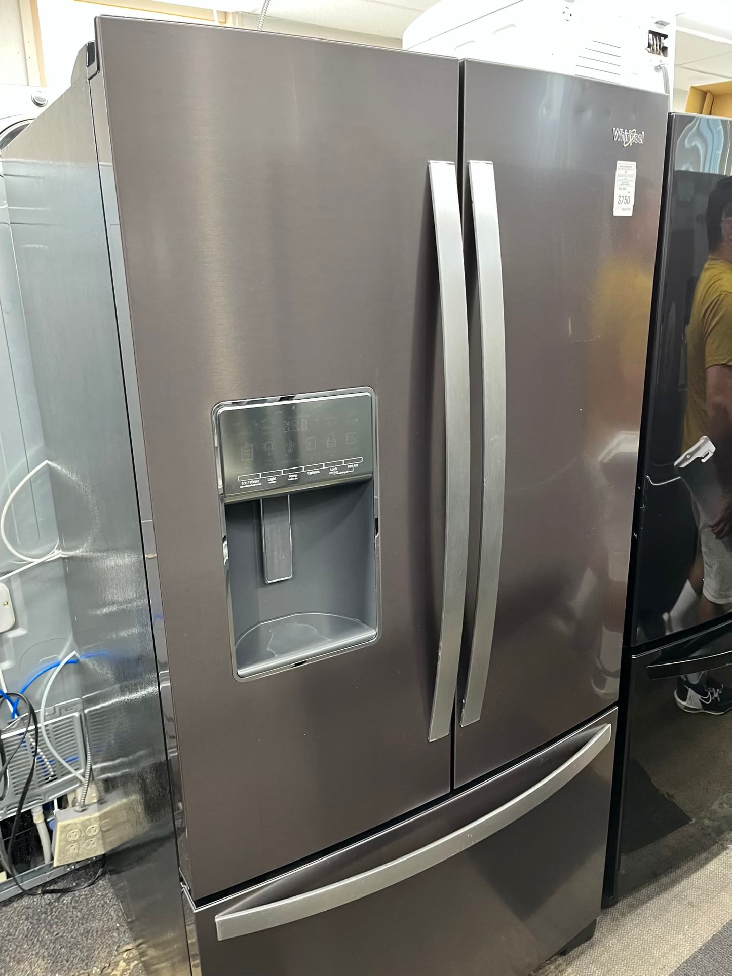 ^ Item: #RF74F Whirlpool french door refrigerator slate stainless steel w/ ice and water dispenser 36” in
