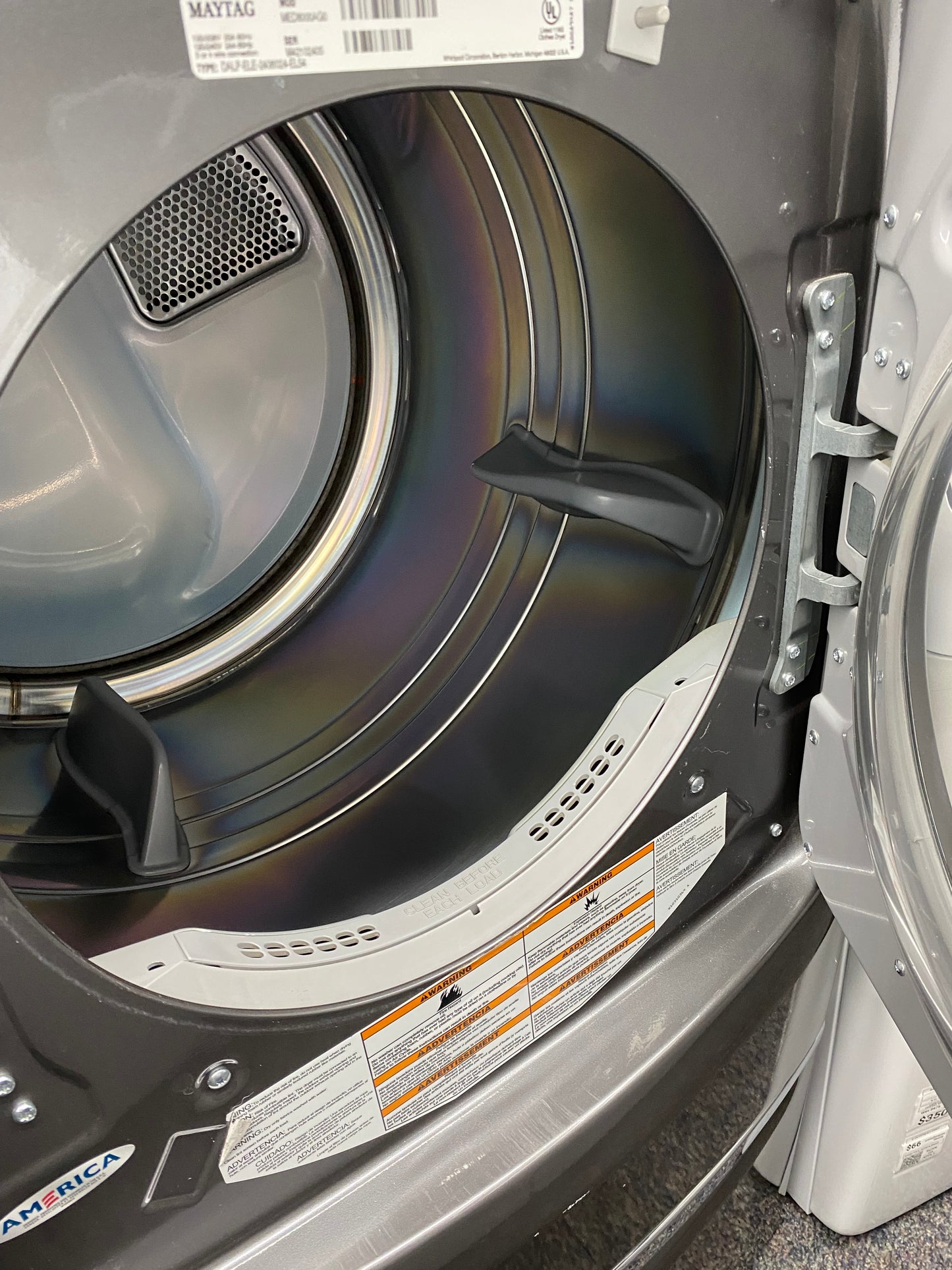 ^ ITEM #ED39H Maytag front load electric dryer 220v stackable large capacity stainless steel drum w/pedestal 27 in D