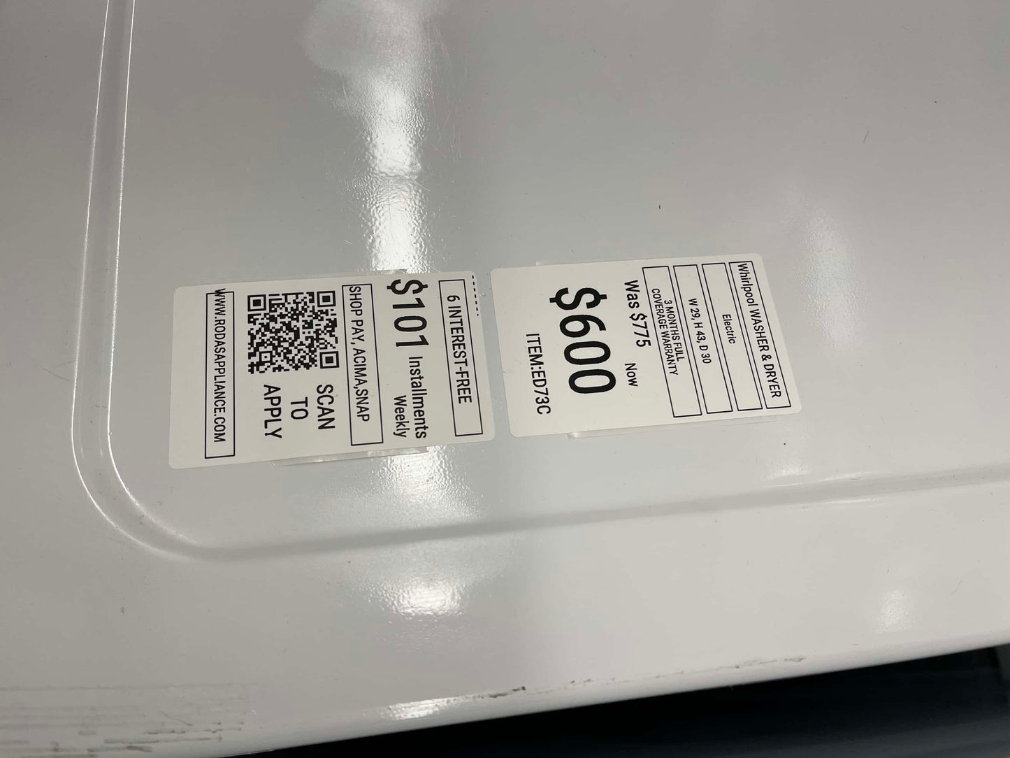Item #ED73C whirlpool electric dryer stainless steel drum top load washer side by side 29”