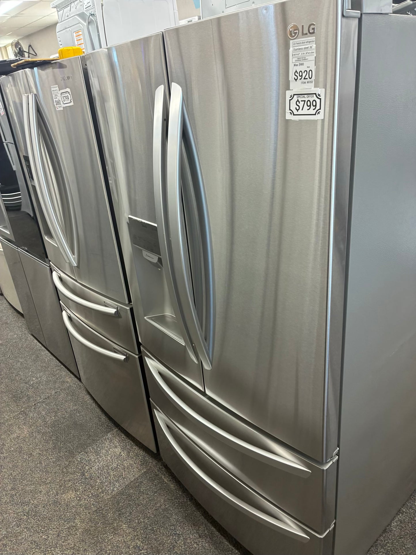 LG French four door refrigerator stainless steel 36” ice maker water dispenser