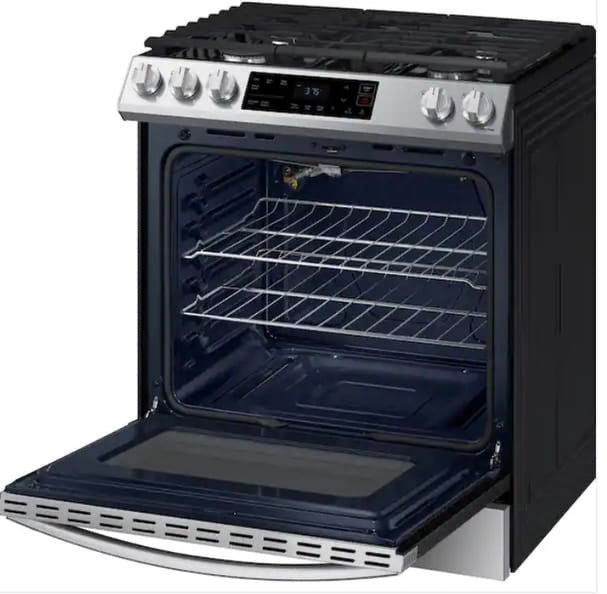 ★ Samsung Open Box 30 in. 6.0 cu. ft. Slide-In Gas Range with Self-Cleaning Oven in Stainless Steel GR916
