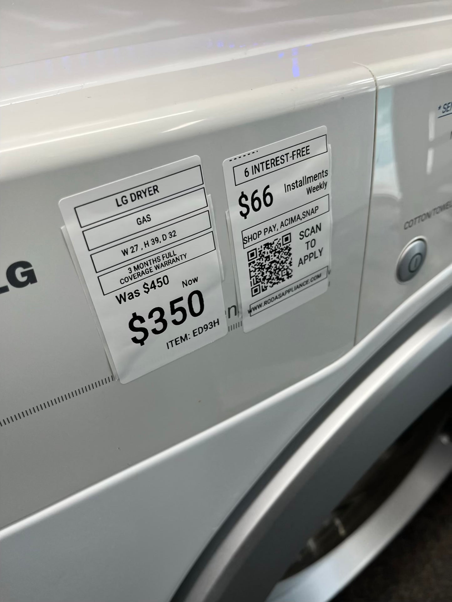 ^ ITEM #ED93H LG gas dryer Side x Side 27”