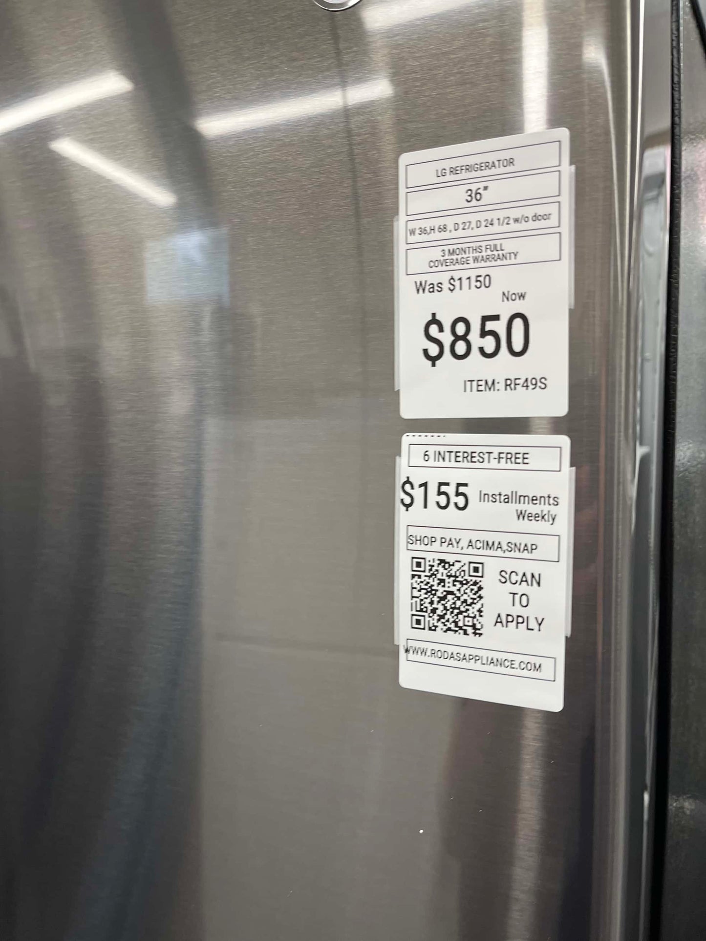 - ITEM: #RF49S LG four door refrigerator stainless steel 36” with water dispenser and ice maker inside
