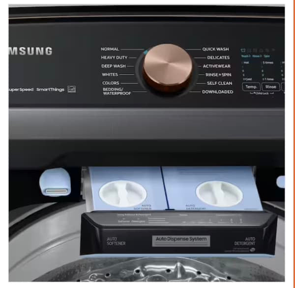 🔥HOT DEAL ★ Samsung Open Box 5.5 cu. ft. Smart High-Efficiency Top Load Washer with Impeller and Auto Dispense System and 7.4 cu. ft. Smart High-Efficiency Vented GAS Dryer with Steam Sanitize+ in Brushed Black WD816