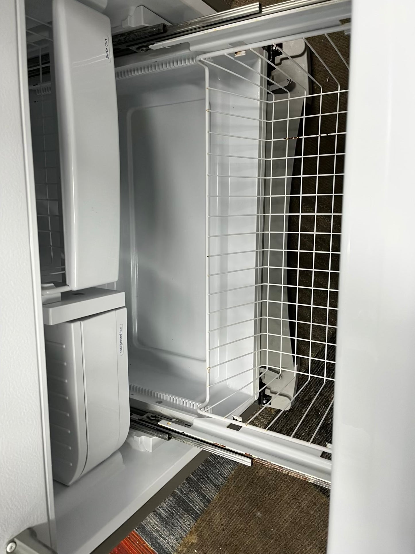 ^ Item #RF38P GE french door refrigerator stainless steel w/ ice dispenser inside 33” in