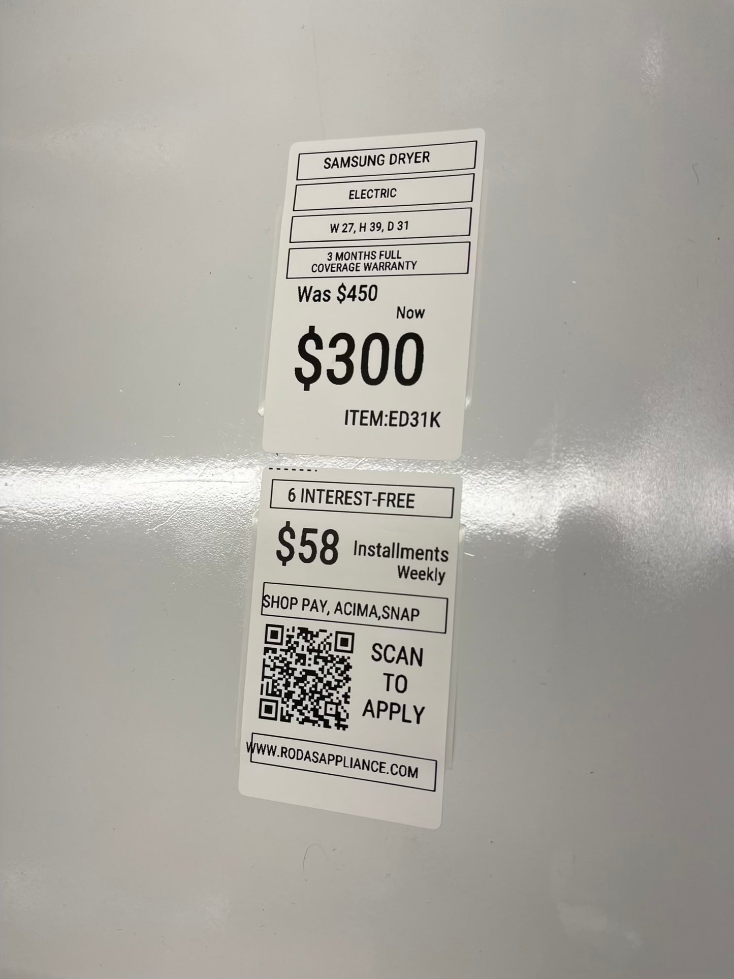 ^ ITEM: #ED31K Samsung electric dryer 27” large capacity