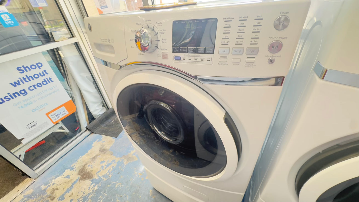 ^ GE washer & electric dryer set front load whit pedestal