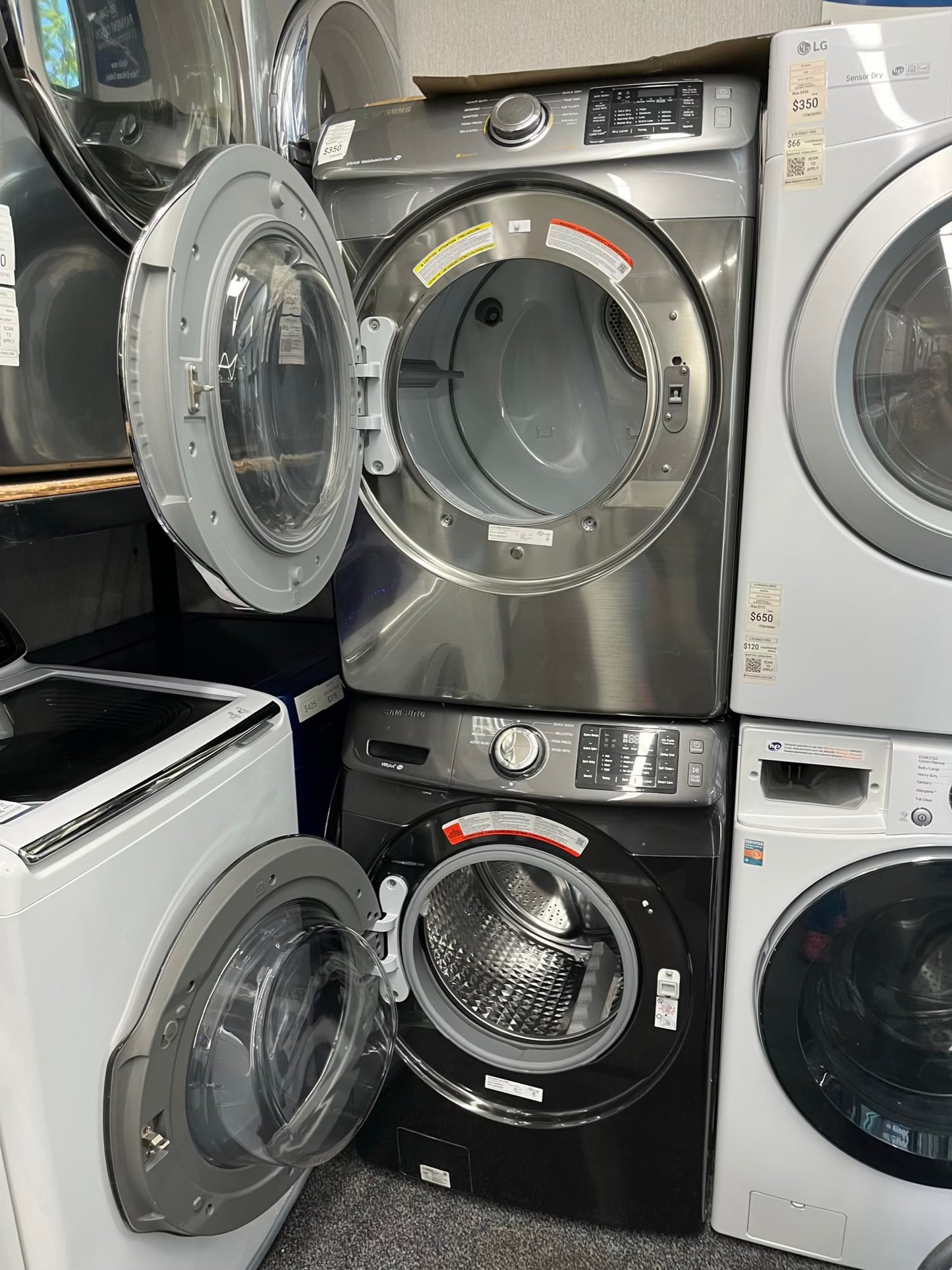 ^ ITEM #ED93J Samsung front load electric washer and dryer 220v stackable large capacity stainless steel drum 27 in D
