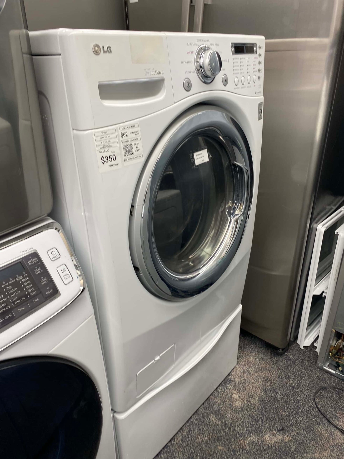 . ITEM #ED53F LG electric dryer large capacity front load w/ pedestal 27”