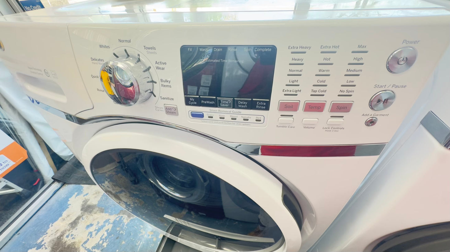 ^ GE washer & electric dryer set front load whit pedestal