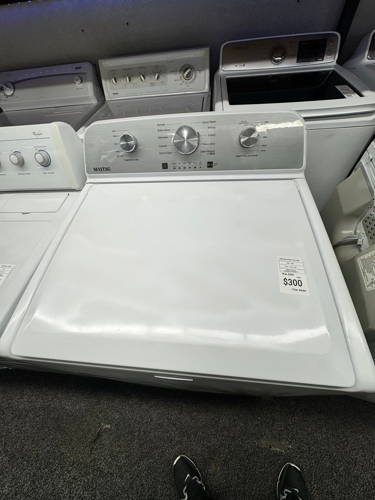 Maytag top load washer deep fill & rinse white 27” whit agitator stainless steel drum