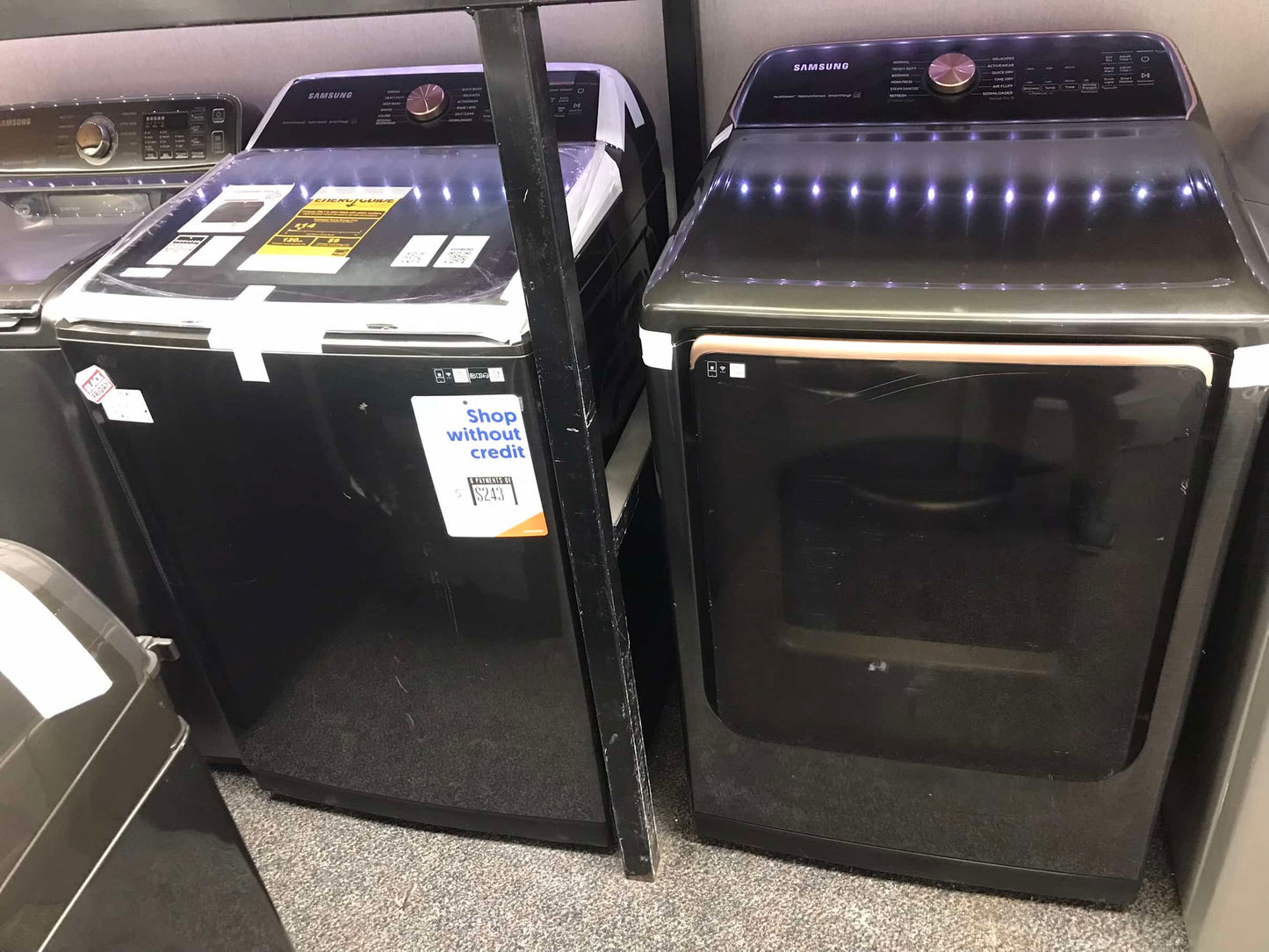 🔥HOT DEAL ★ Samsung Open Box 5.5 cu. ft. Smart High-Efficiency Top Load Washer with Impeller and Auto Dispense System and 7.4 cu. ft. Smart High-Efficiency Vented GAS Dryer with Steam Sanitize+ in Brushed Black WD816