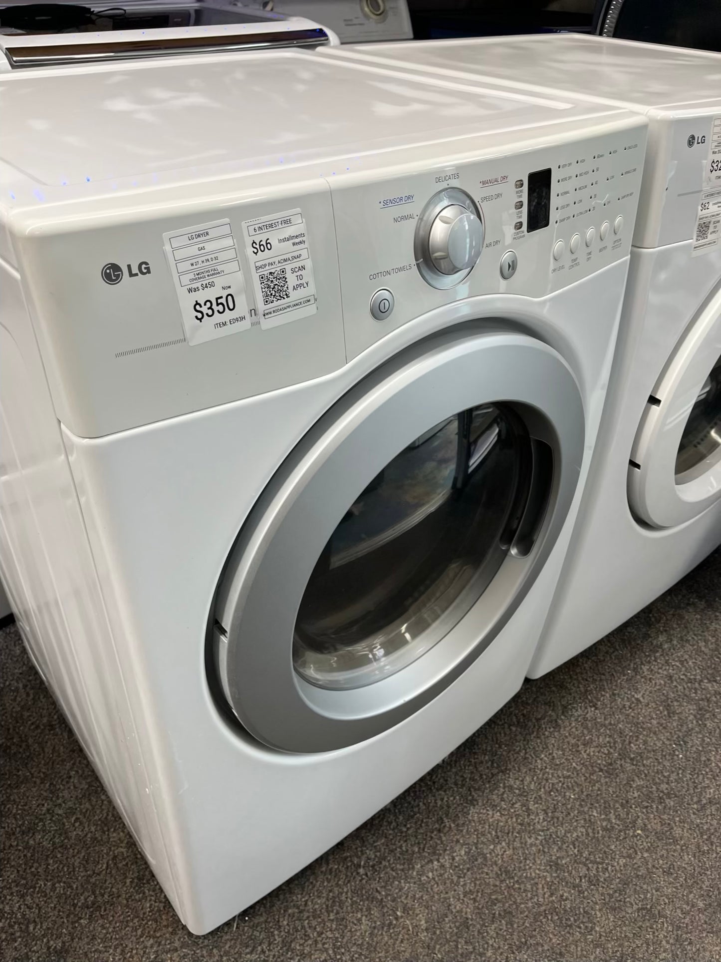 ^ ITEM #ED93H LG gas dryer Side x Side 27”