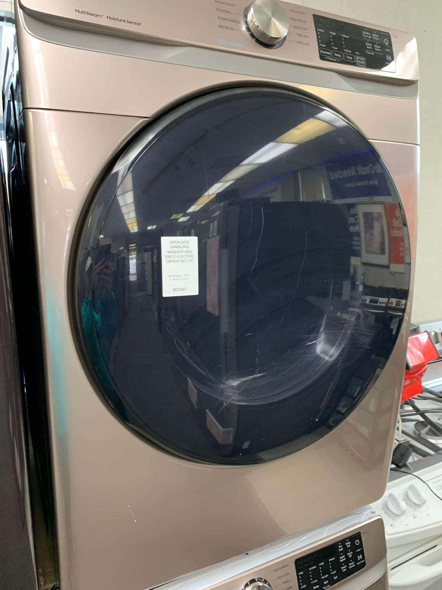 ★ Samsung open box 4.5-cu ft High Efficiency Stackable Steam Cycle Smart Front-Load Washer and gentle used Electric Dryer with 7.5 Cu. Ft. Capacity, Smart Care, 10 Dryer Programs, Sensor Dry, Steam Sanitize+, Wrinkle Prevent WD461