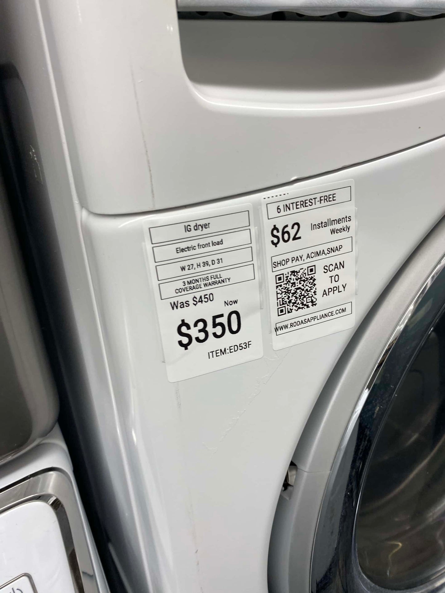 . ITEM #ED53F LG electric dryer large capacity front load w/ pedestal 27”