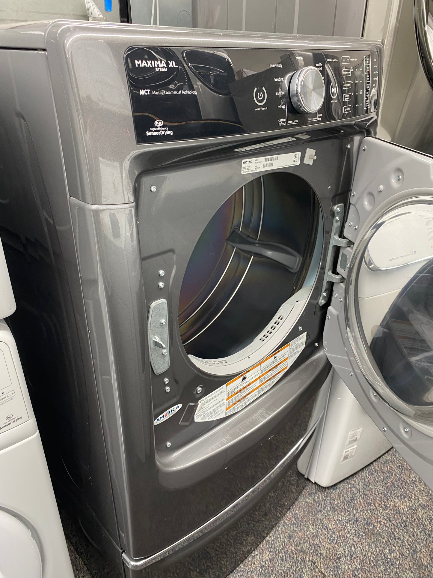 ITEM #ED39H Maytag front load electric dryer 220v stackable large capacity stainless steel drum w/pedestal 27 in D