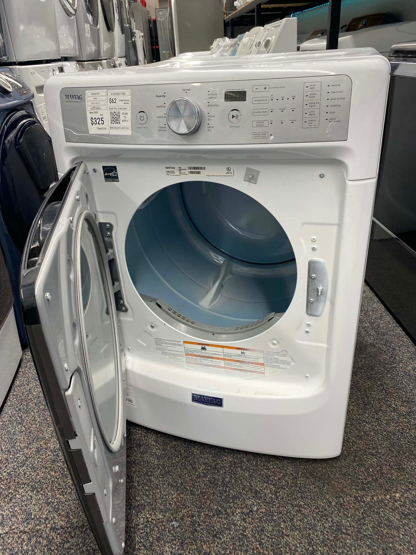 ITEM #ED75D Maytag front load electric dryer 220v stackable large capacity stainless steel drum 27 in D