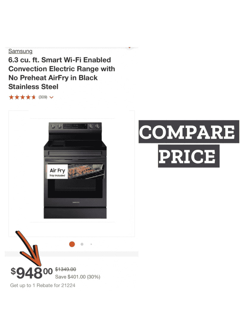 - ★ Samsung Open Box 6.3 cu. ft. Smart Wi-Fi Enabled Convection Electric Range with No Preheat AirFry in Black Stainless Steel - ER467
