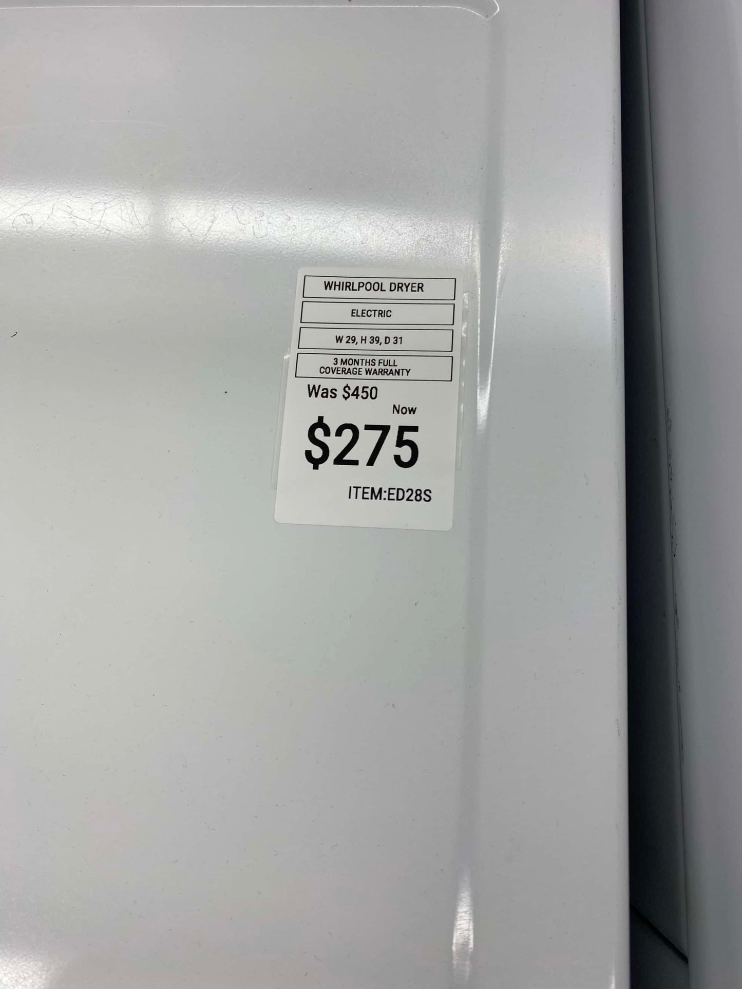 ITEM #ED28S Whirlpool electric dryer side x side large capacity 29”