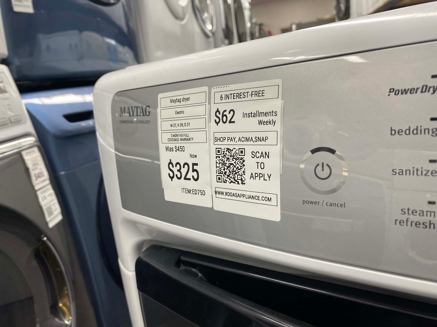 ITEM #ED75D Maytag front load electric dryer 220v stackable large capacity stainless steel drum 27 in D
