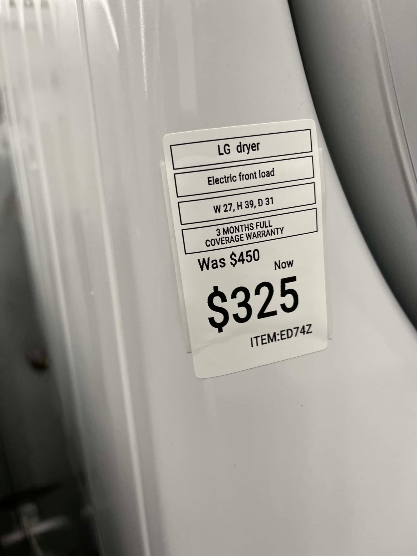 - ITEM #ED74Z LG front load electric dryer 220v large capacity stackable 27”
