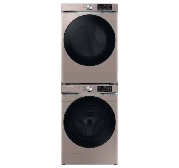 ★ Samsung Open Box 4.5 cu. ft. Smart High-Efficiency Front Load Washer with Super Speed & 7.5 cu. ft. Smart Stackable Vented GAS Dryer with Steam Sanitize+ in champagne 27 in WD739