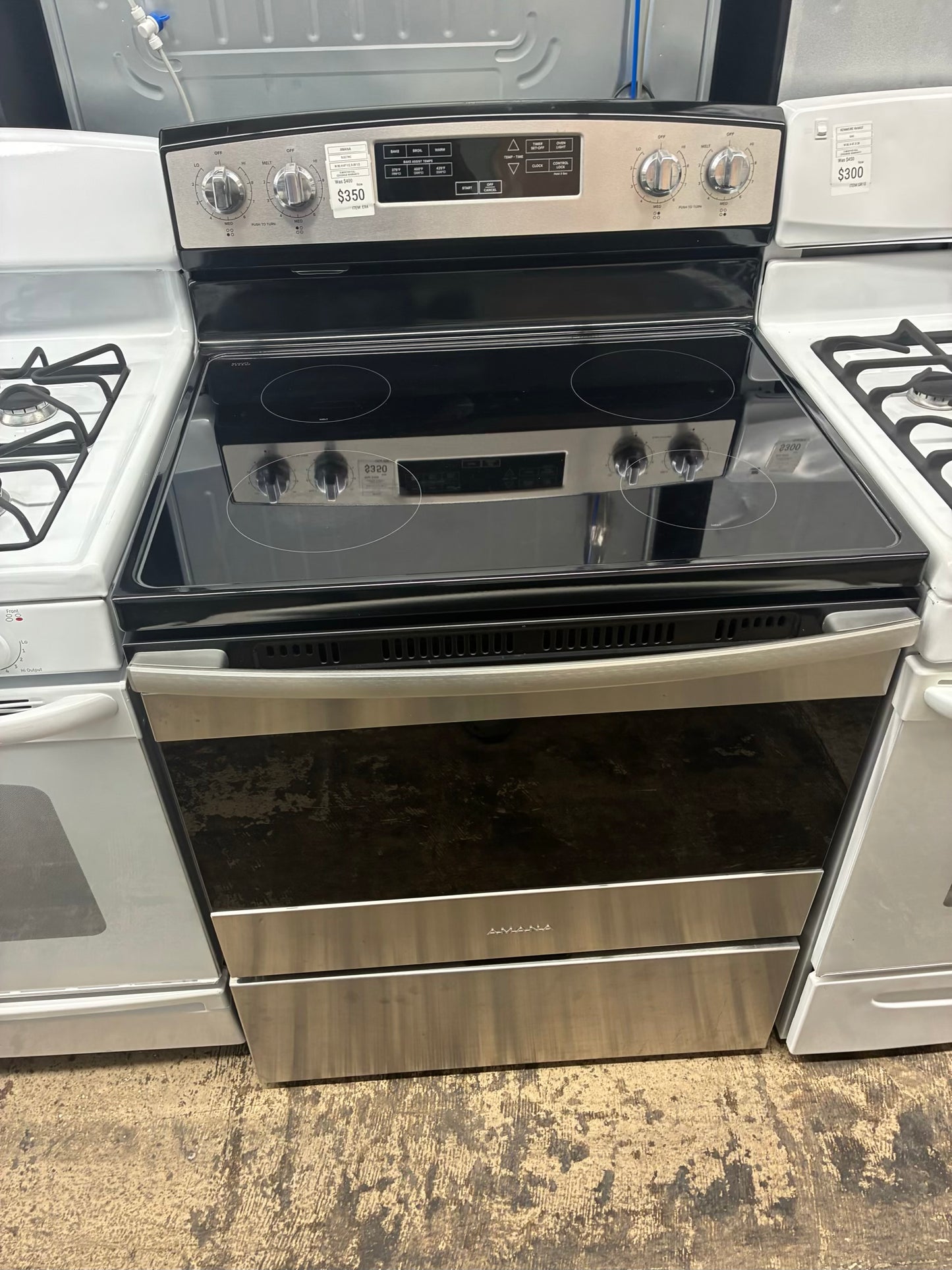 Amana electric white range 4 burner 30 inch stainless steel