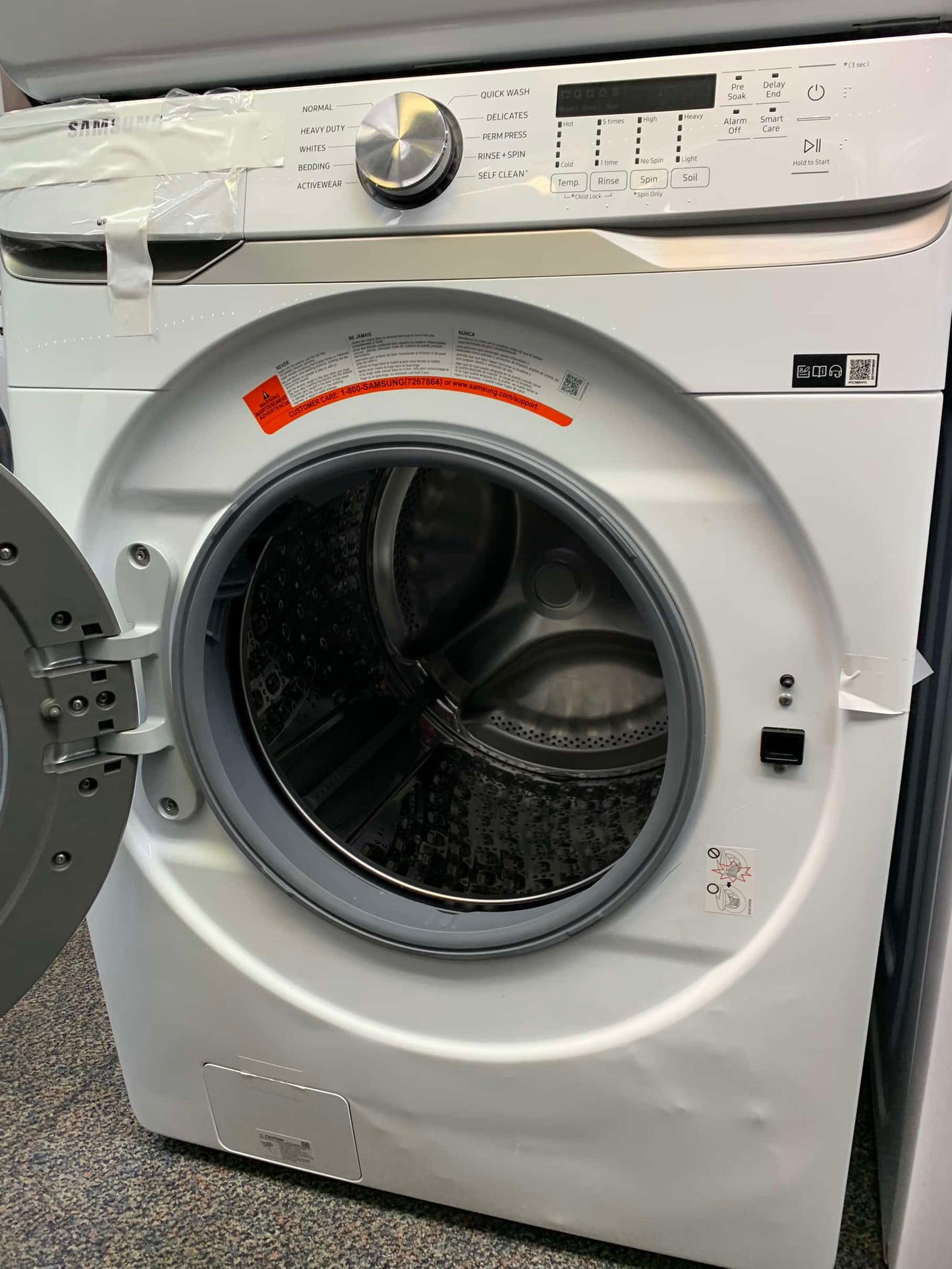 ★ Samsung Open Box 4.5 cu. ft. High-Efficiency Front Load Washer with Self-Clean+ in White & 7.5 cu. ft. Stackable Vented Electric Dryer with Sensor Dry in White 27 in WD668