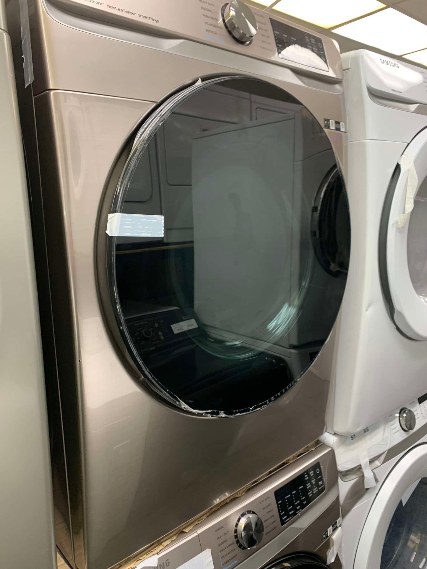 ★ Samsung Open Box 4.5 cu. ft. Smart High-Efficiency Front Load Washer with Super Speed & 7.5 cu. ft. Smart Stackable Vented electric Dryer with Steam Sanitize+ in champagne 27 in WD639