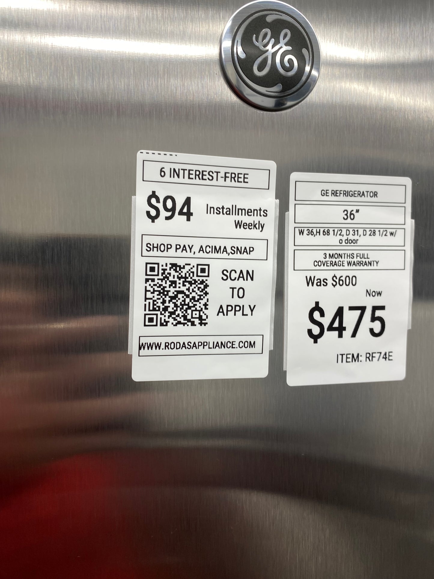 Item: #RF74E GE side x side refrigerator stainless steel w/water ice dispenser 36 in