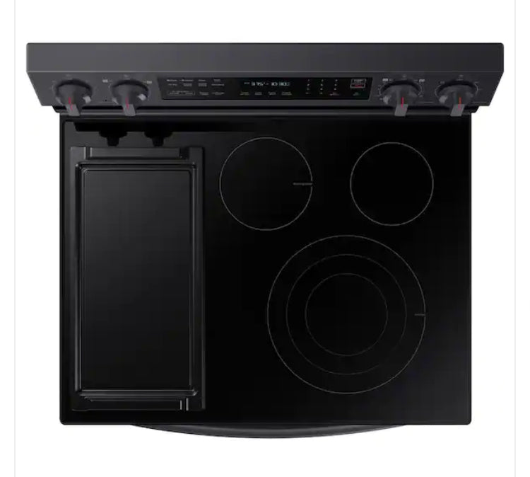 - ★ Samsung Open Box 6.3 cu. ft. Smart Wi-Fi Enabled Convection Electric Range with No Preheat AirFry in Black Stainless Steel - ER467