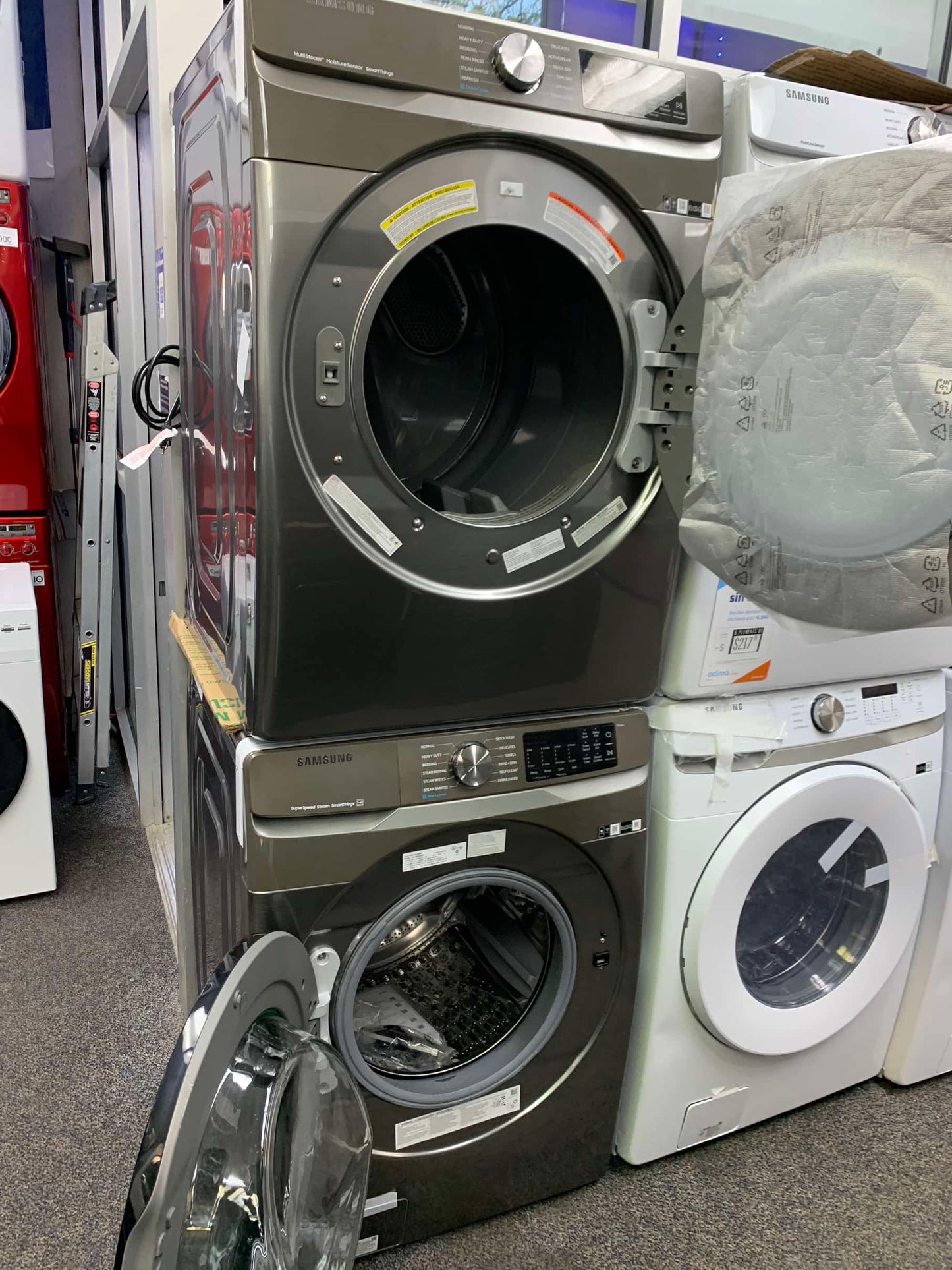 ★ Samsung Open Box 4.5 cu. ft. Smart High-Efficiency Front Load Washer with Super Speed & 7.5 cu. ft. Smart Stackable Vented GAS Dryer with Steam Sanitize+ in champagne 27 in WD739